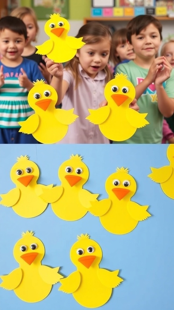 Handmade duck puppets made from construction paper in a playful setting.